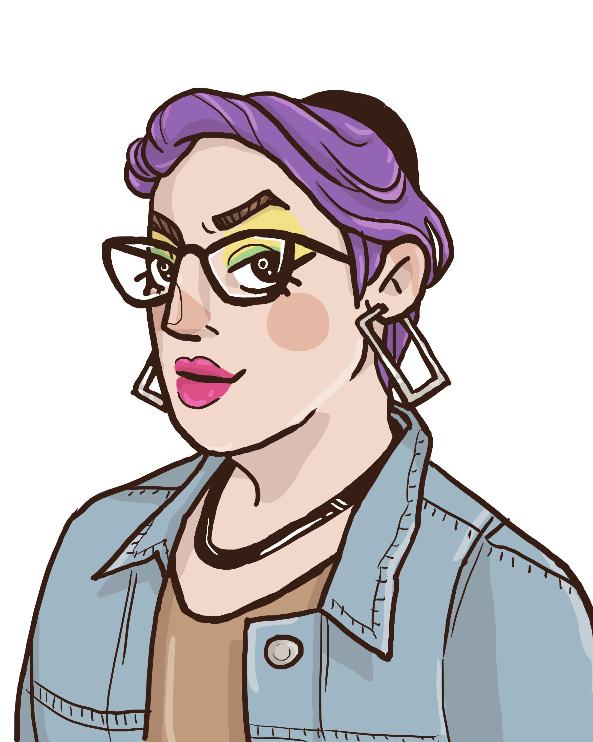 A cartoonish drawing of a white trans Jew with hair dyed bright purple. It is wearing a kippah as well as big glasses with thick frames, large rectangular earrings, and brightly colored eyeshadow and lipstick in a variety of greens, yellows, and pinks. It has a denim jacket on over a light brown dress.